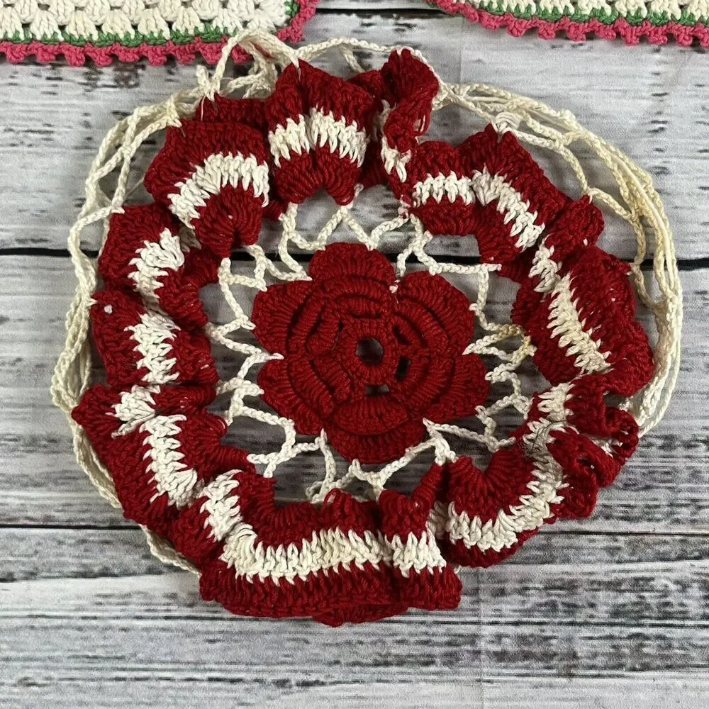 Vintage Lot of 3 Crochet Granny Squares Blanket Afgan Squares Pink & Red Flowers